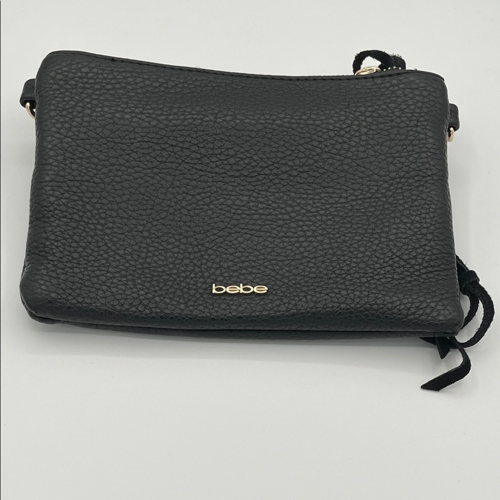 Bebe Black Faux Leather Wristlet Zip Top Opening 2 Zip Pockets on Back Clean EUC